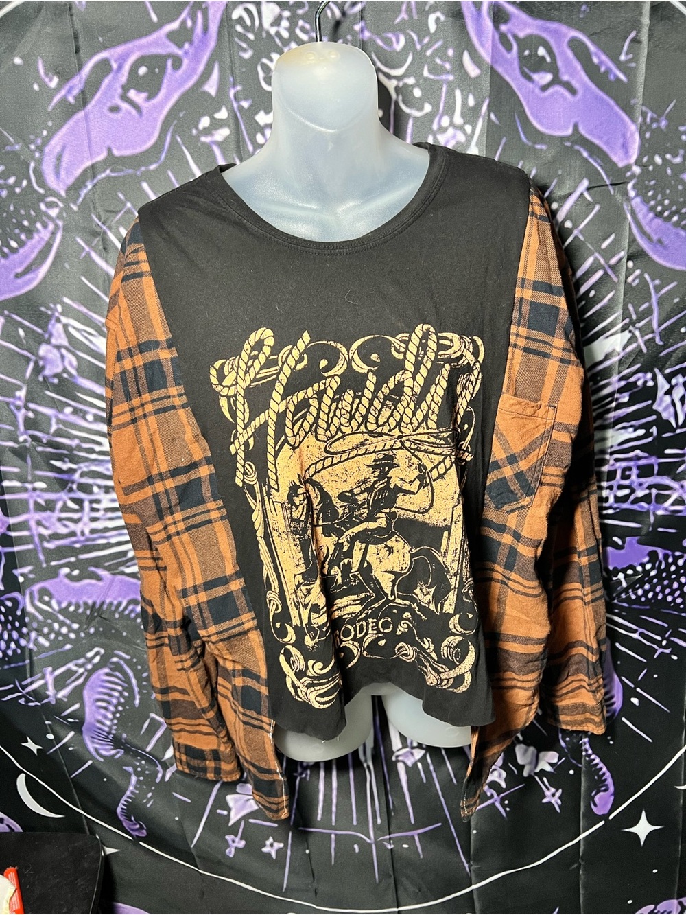 Up cycled one of a kind Black & Brown Plaid Sleeve Graphic Top